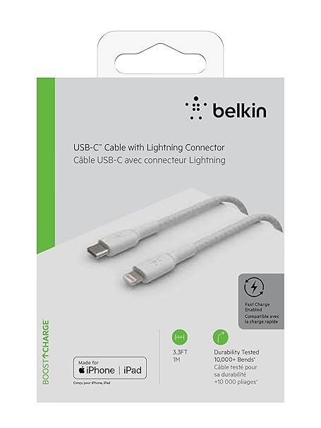 Belkin Apple Certified Braided Lightning to USB-C Charge and Sync Data Cables, 3.3 Feet