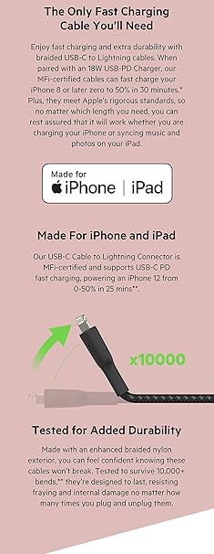 Belkin Apple Certified Braided Lightning to USB-C Charge and Sync Data Cables, 3.3 Feet